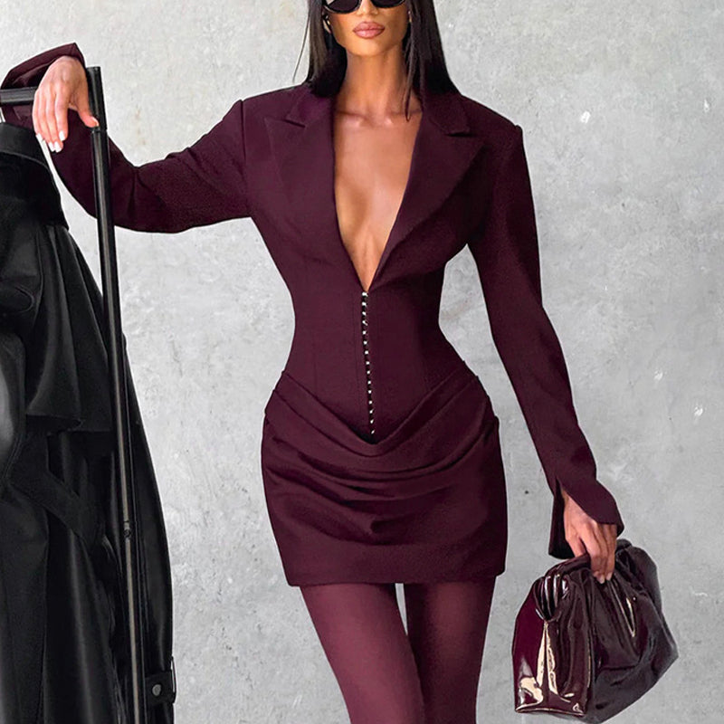 Women's Elegant Solid Color Deep V-Neck Long Sleeve Mini Dress Waist Ruffle Detail Party Dress For Spring Summer