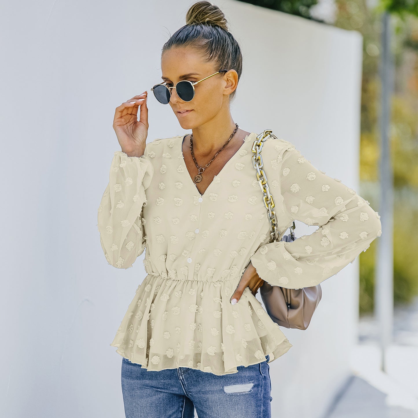 European And American Women's Summer V-neck Long-sleeved Chiffon Shirt