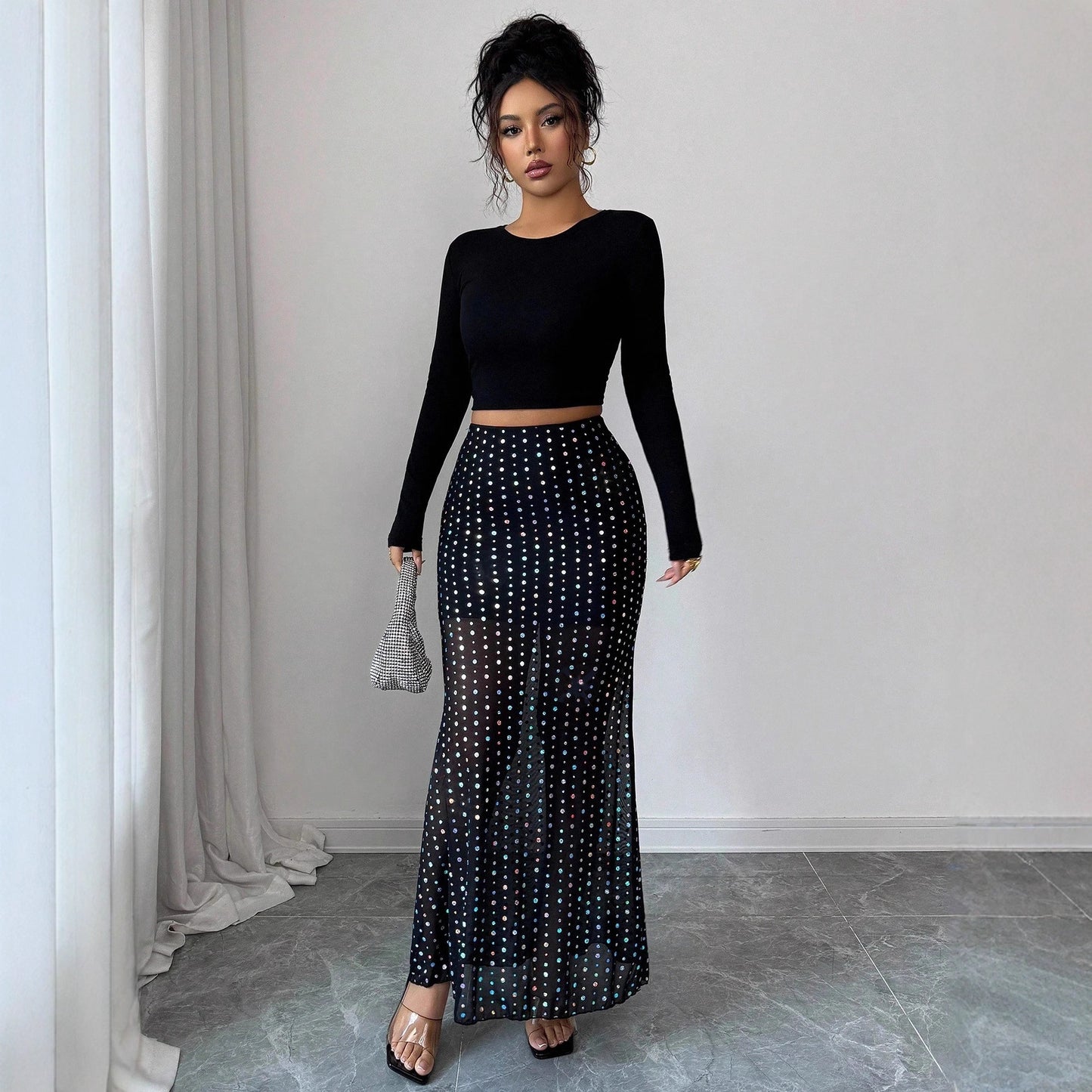 Shimmery Sequin Doublelayer Mesh Highwaist Figurehugging Hipskimming Skirt