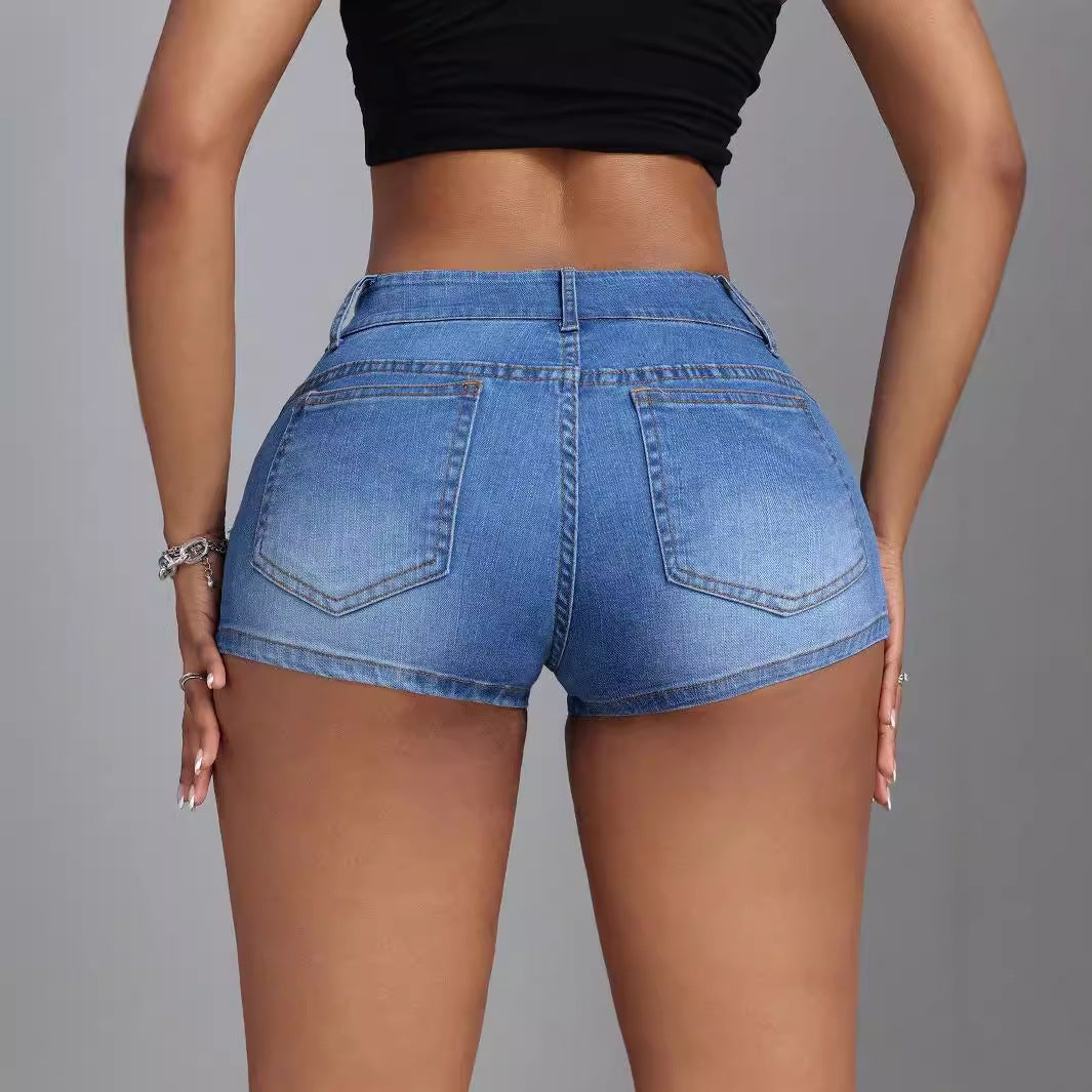 Mid-low Waist Beaded Mid-elastic Denim Shorts