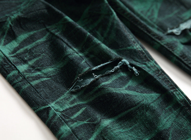 Spring New Men's Straight Jeans European And American Fashion Knee Ripped Tie-dyed Long Pants