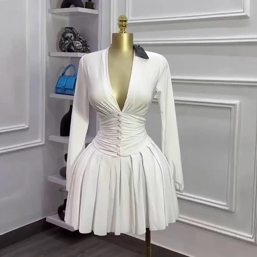 French-style Womens Pleated V-neck Long-sleeve Dress