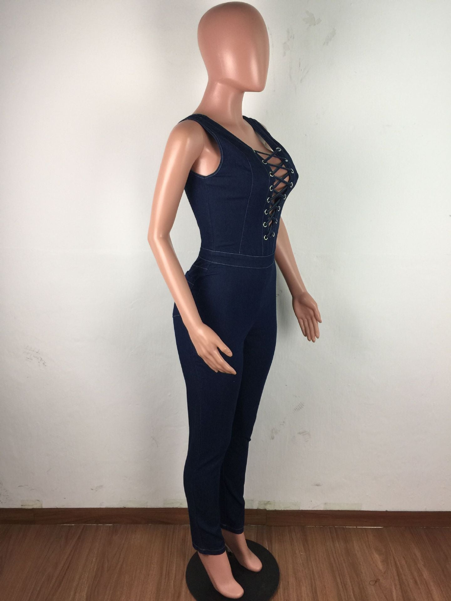 Sleeveless Eyelet Straps Slim Fit Denim Jumpsuit