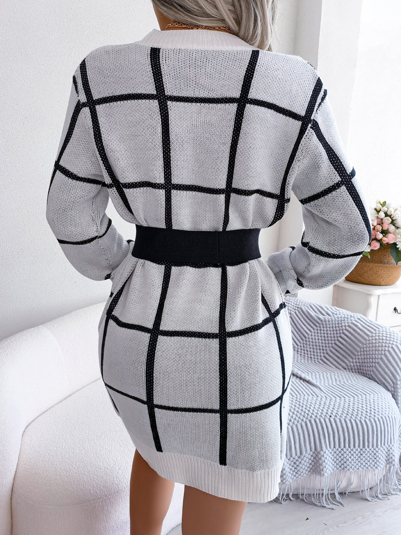 Casual Color Block Plaid Long Sleeve Sweater Dress