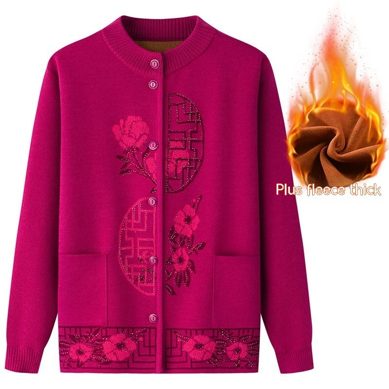 Spring Sweater Women Fleece-lined Knitting Cardigan Old Lady Autumn And Winter Clothes Women