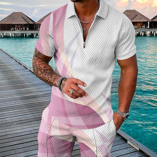 Men's Summer Fashion 3D Printed Short Sleeve Geometric Zip Lapel Shirt Set