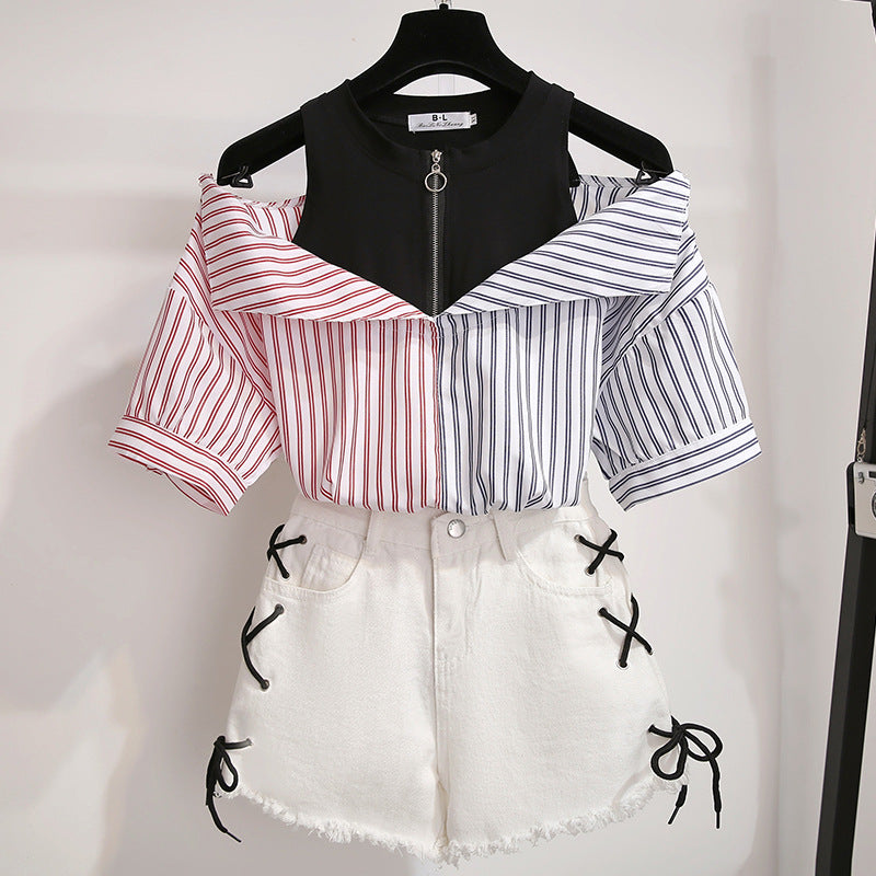Stitching striped short-sleeved shirt fake two-piece off-shoulder blouse women's two-piece jeans