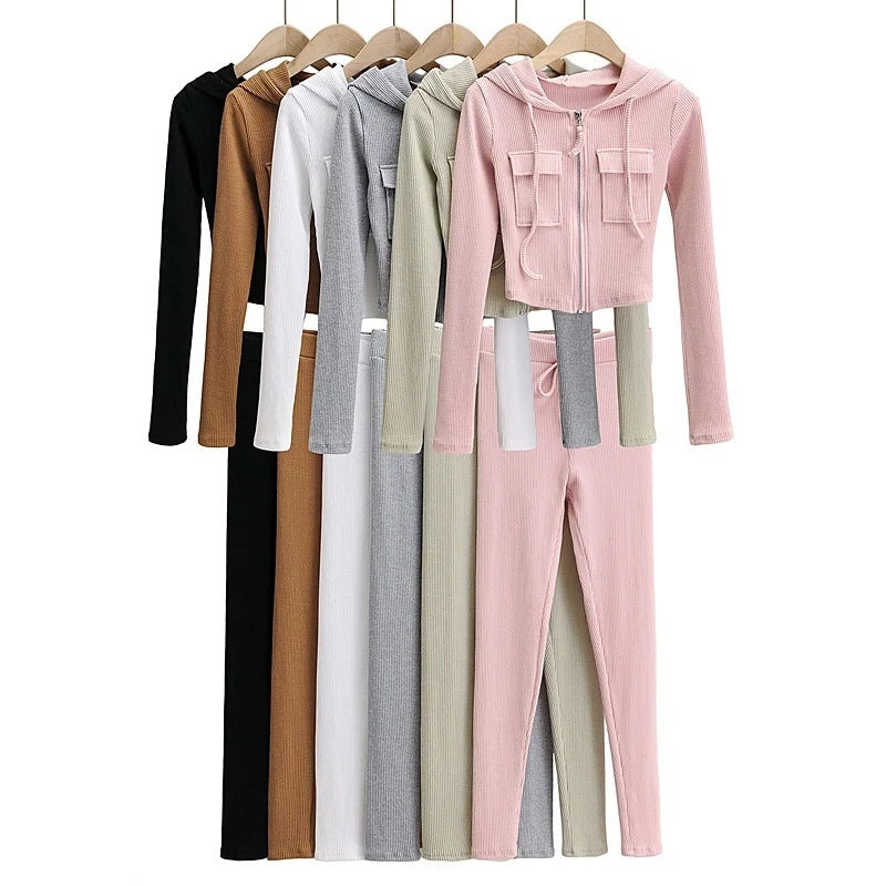 Zip Pocket Hooded Top Stretch Pants Knit Suit