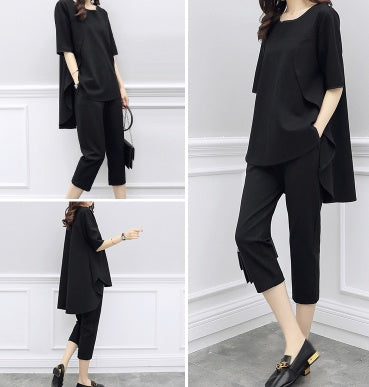 Loose Slim Fashion Suit Short-Sleeved Top Casual Cropped Trousers Two-Piece Suit