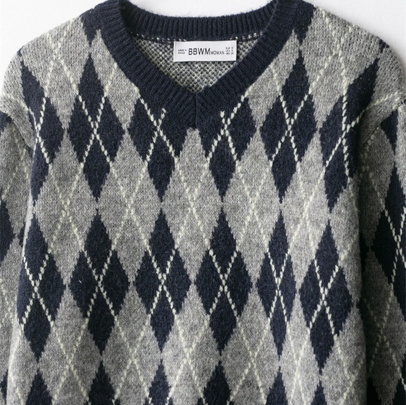 Fashion Diamond Pattern Knit Sweater For Women