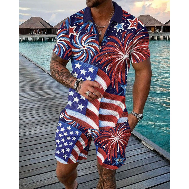 Men's Fashion Flag Print Lapel Zipper Two-Piece Suit