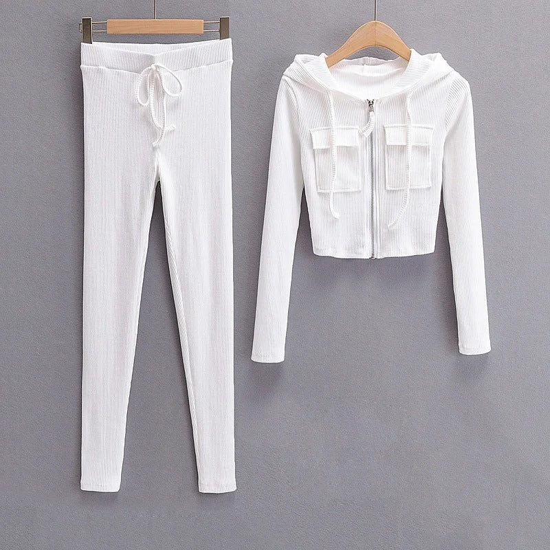 Zip Pocket Hooded Top Stretch Pants Knit Suit