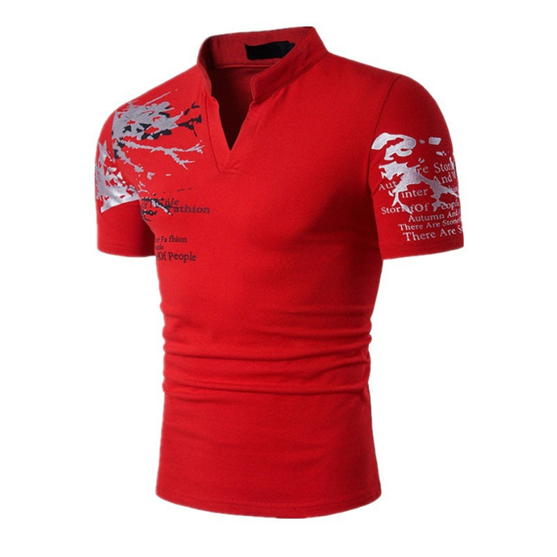 Letter Printing Casual T-shirt Thin Hedging V-neck T-shirt Slim Men's