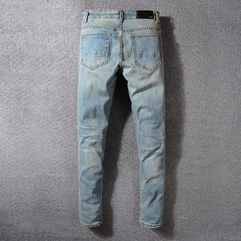 Men's Pleated Color Block Jeans Youth Slim-Fit Pants
