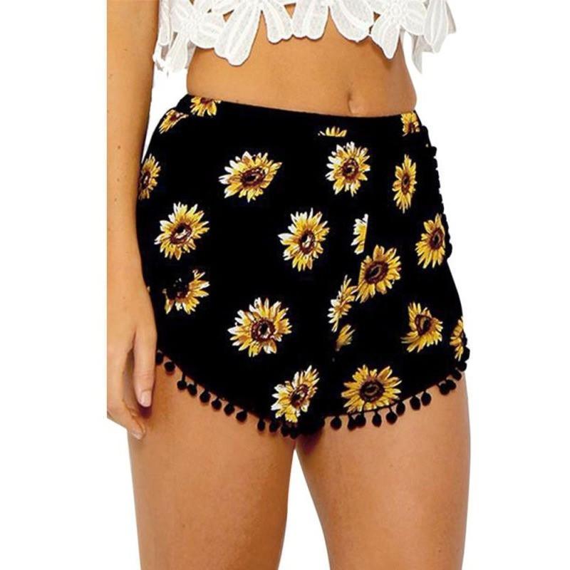 European and American foreign trade summer new women's ball ball sunflower printed elastic waist beach pants shorts