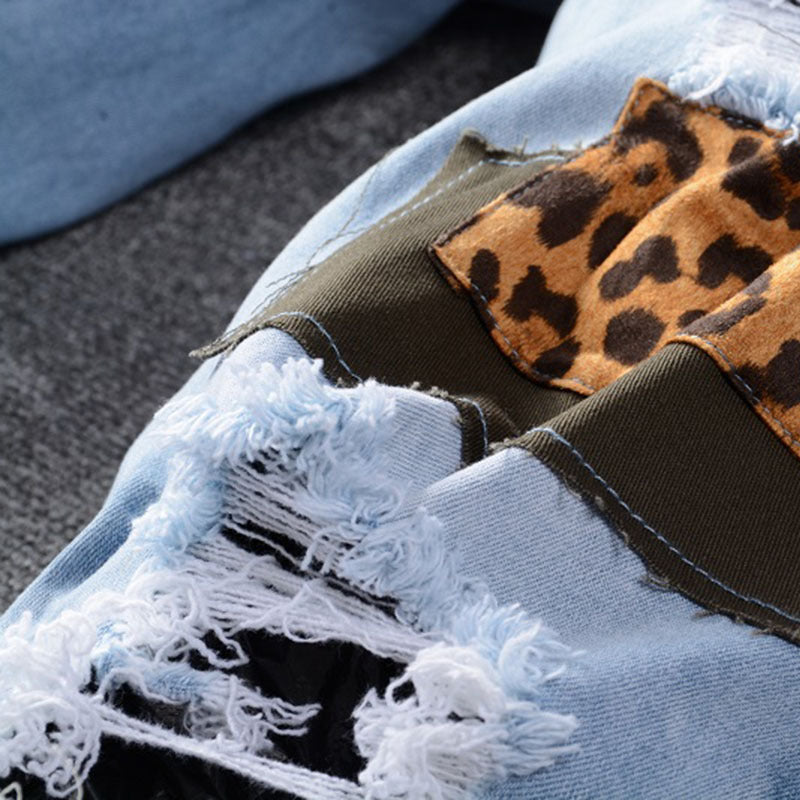 Light Blue Embroidery Leopard Print Cloth Patch Skinny Ripped Gradient Jeans