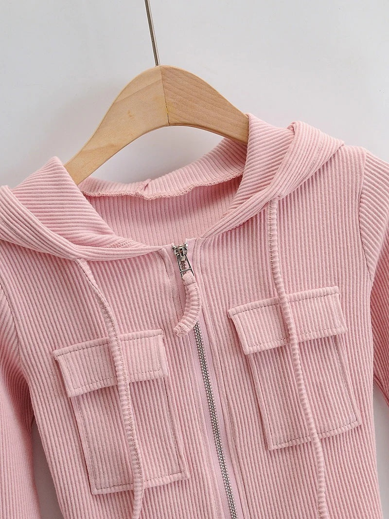 Zip Pocket Hooded Top Stretch Pants Knit Suit