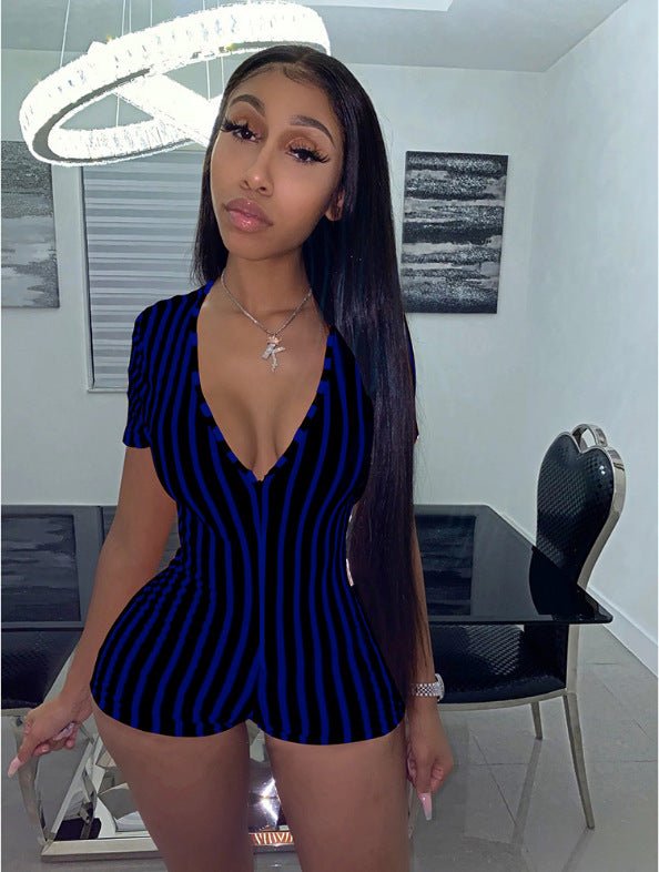 Striped skinny shorts zipper jumpsuit