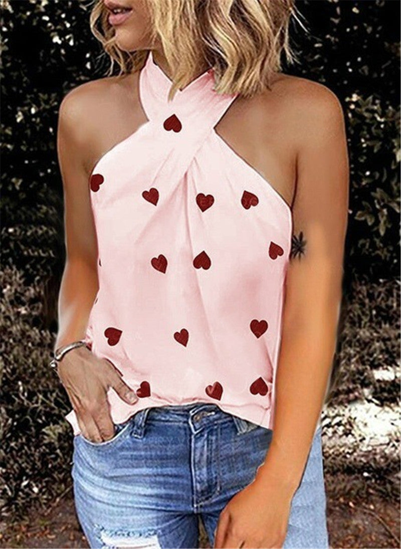 Casual Slim Back Zipper Halter Print Sleeveless Splicing Top