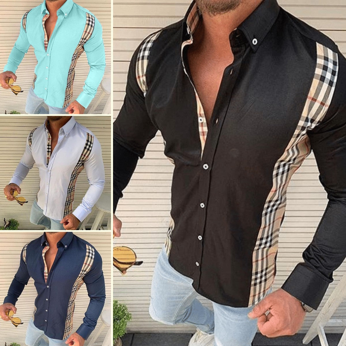 Men's Summer Casual Slim Fashion Long-sleeved Printed Plaid Shirt