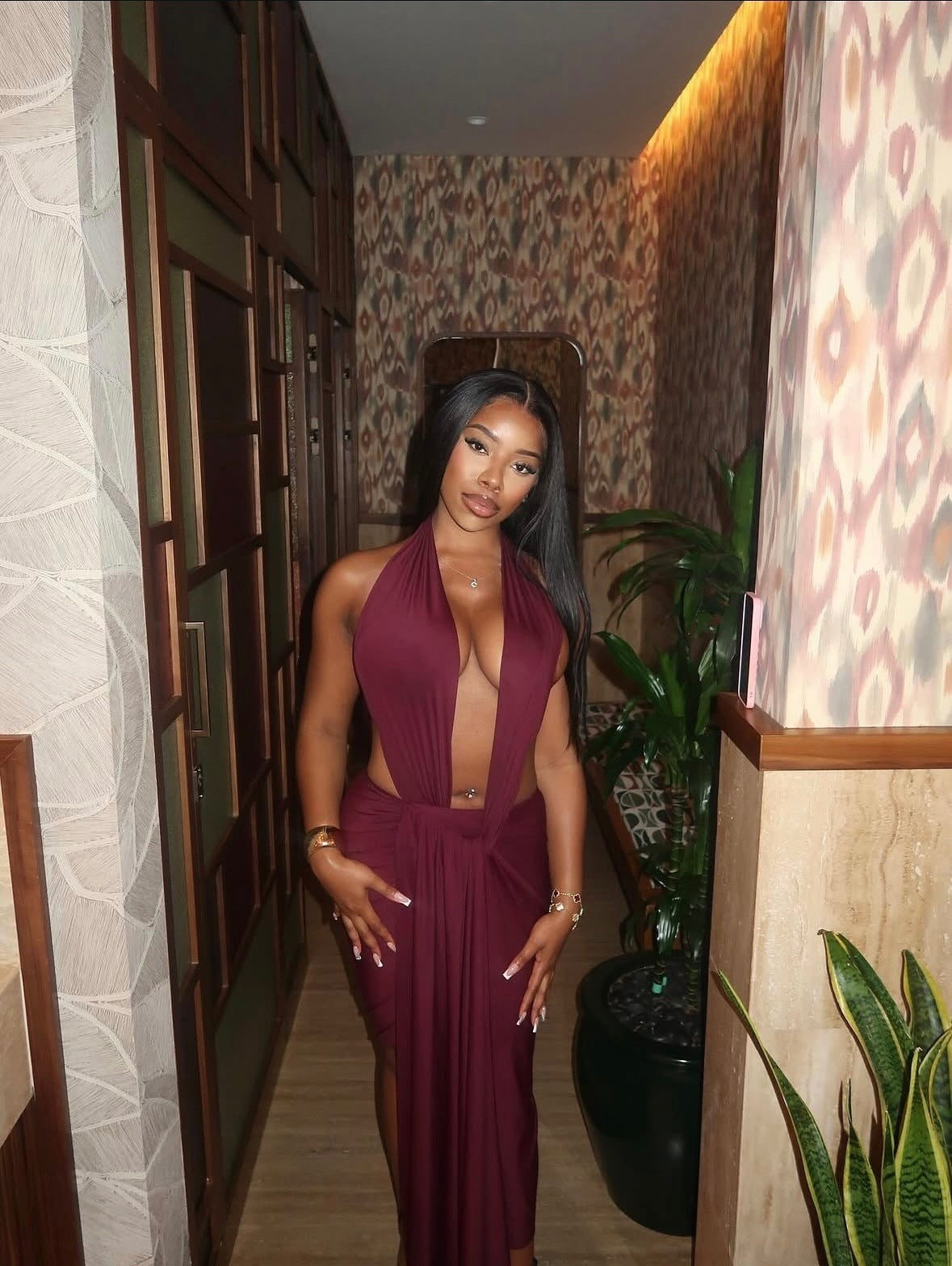 Fashionable Figure-hugging Solid-color Hollow-out Design Backless One-piece Dress