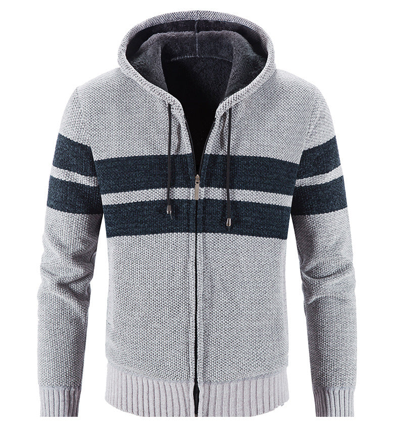 Hooded Striped Color-blocking Casual Plus Velvet Cardigan