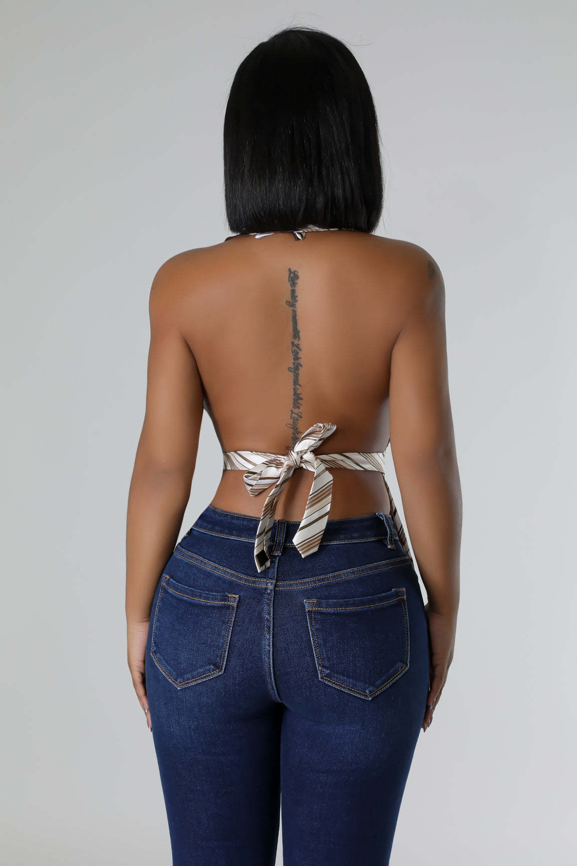 New Backless Tied V-neck Striped Tie Stitching Personality Vest Women's Clothing