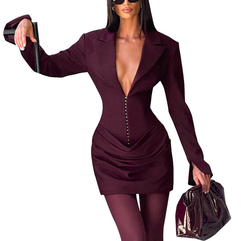 Women's Elegant Solid Color Deep V-Neck Long Sleeve Mini Dress Waist Ruffle Detail Party Dress For Spring Summer