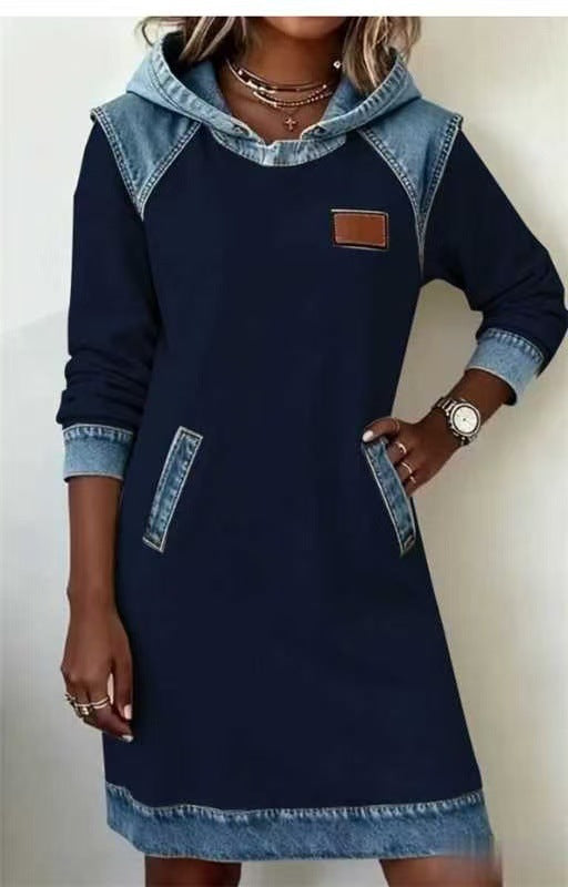 Best Seller Denim Color Matching Ladies Hoodie Skirt