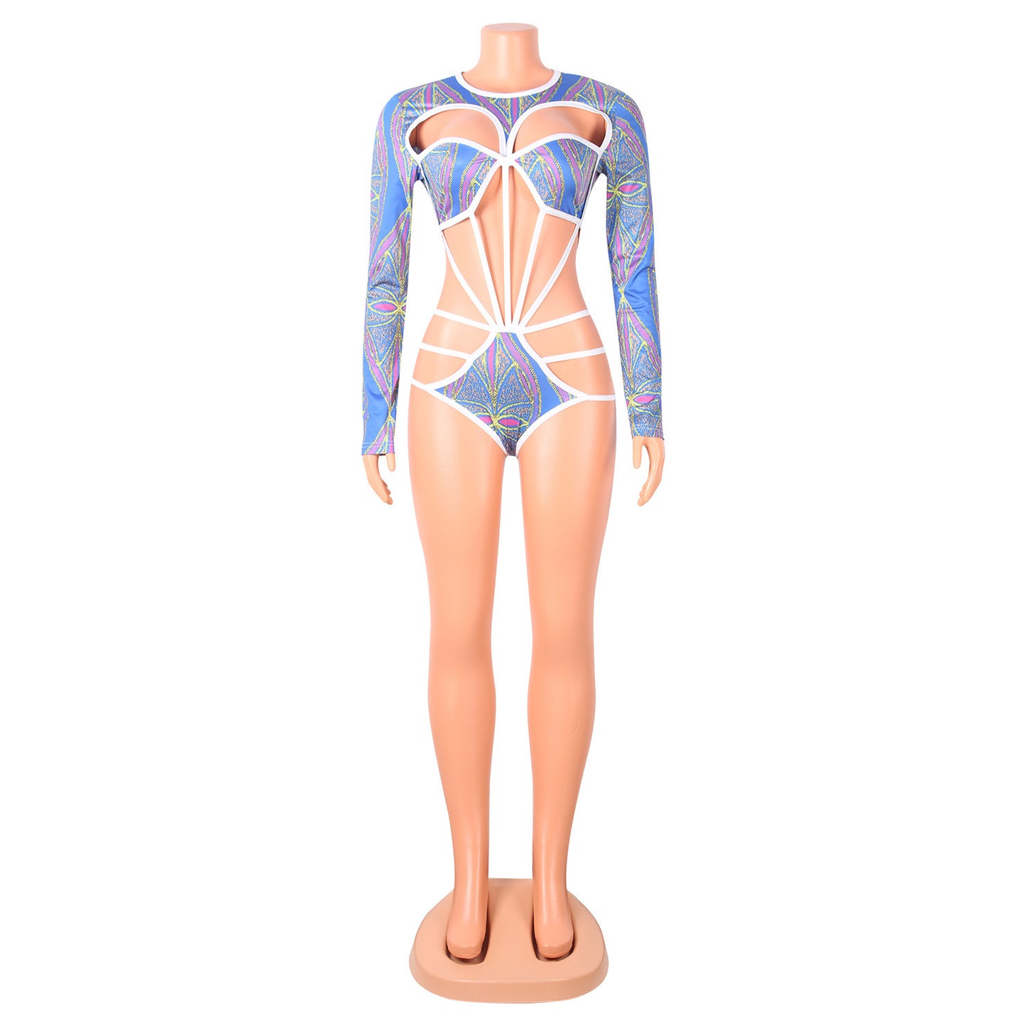 Sexy Hollow Digital Printed Long Sleeve Bodysuit