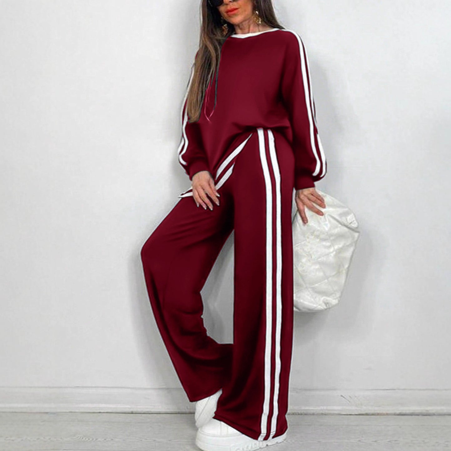 Casual Striped Trousers Long Sleeve Round Neck Suit