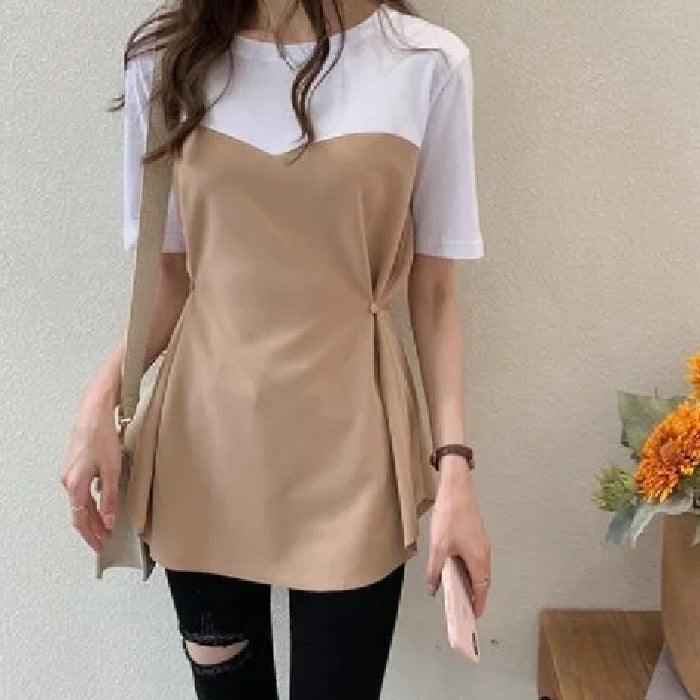 All-matching Graceful Fake Two-piece Mid-length Short-sleeved T-shirt