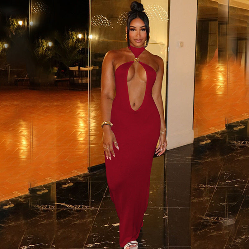 Solid Color Iron Hoop Sexy Cutout Slim Fit Dress