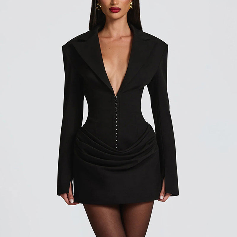 Women's Elegant Solid Color Deep V-Neck Long Sleeve Mini Dress Waist Ruffle Detail Party Dress For Spring Summer