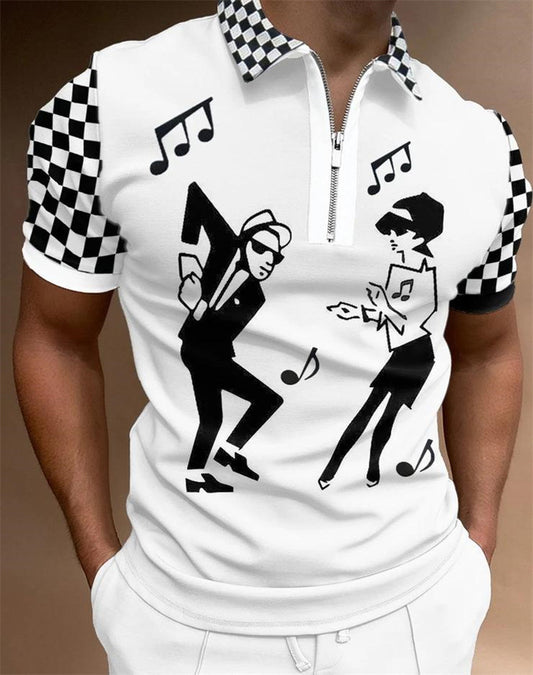 Fashion Loose Lapel Casual Print T-Shirt Zipper POLO Shirt