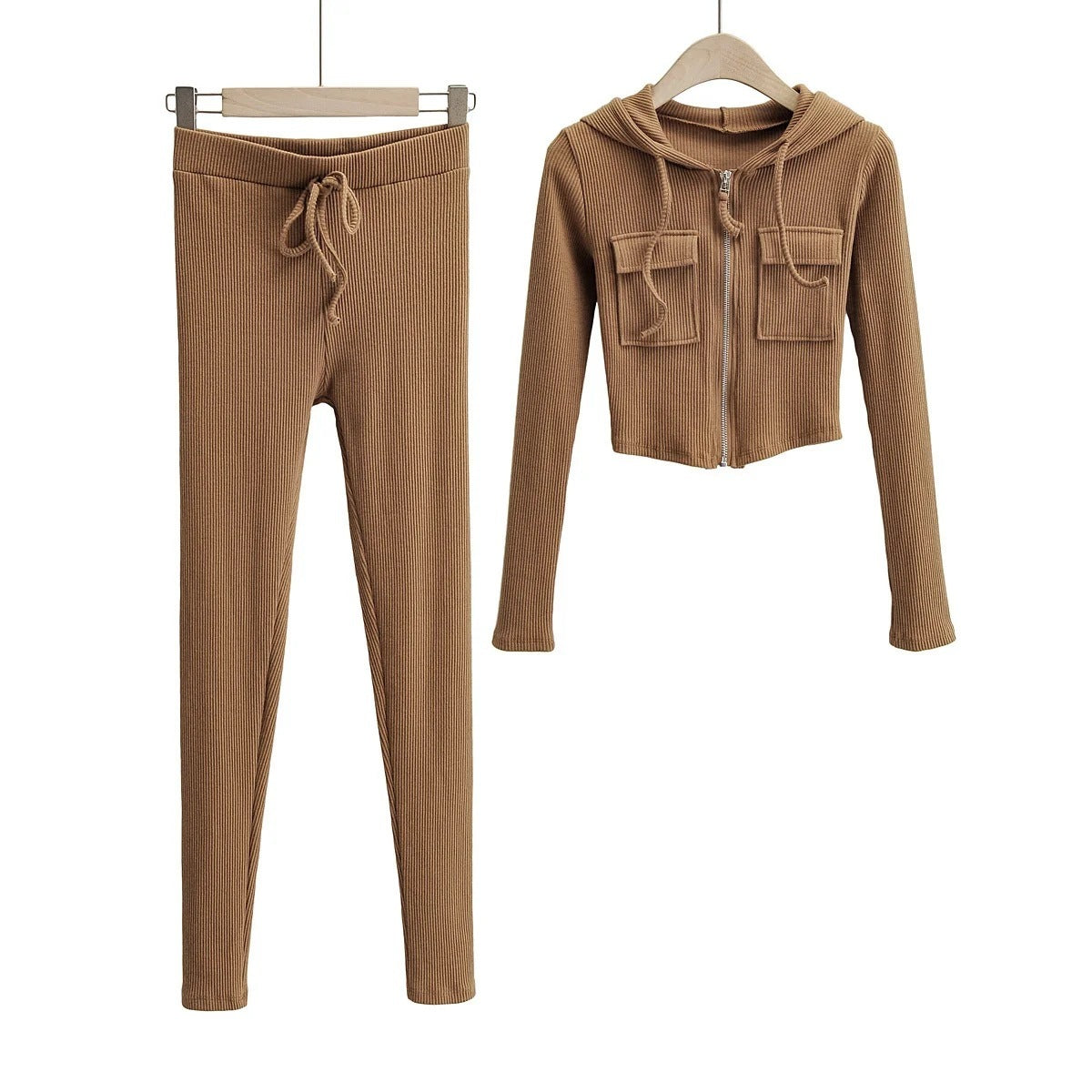 Zip Pocket Hooded Top Stretch Pants Knit Suit
