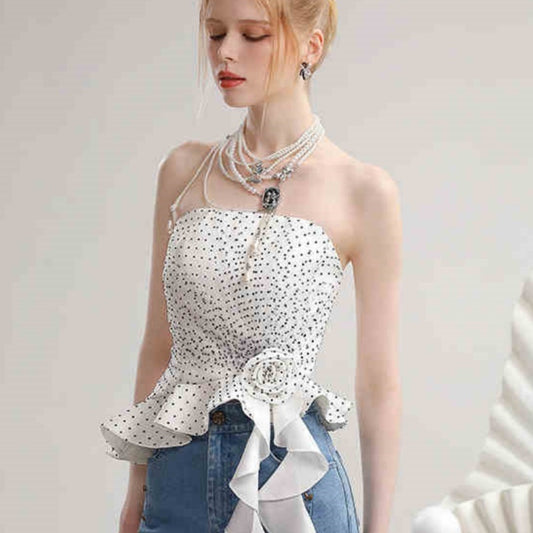 Summer Contrast Color Polka Dot Irregular Spaghetti-strap Top