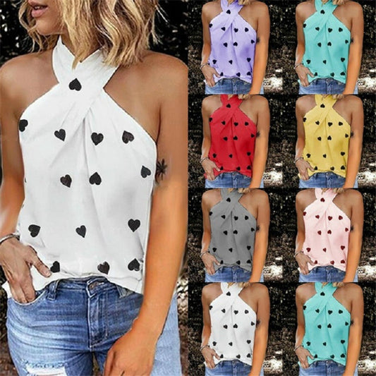 Casual Slim Back Zipper Halter Print Sleeveless Splicing Top