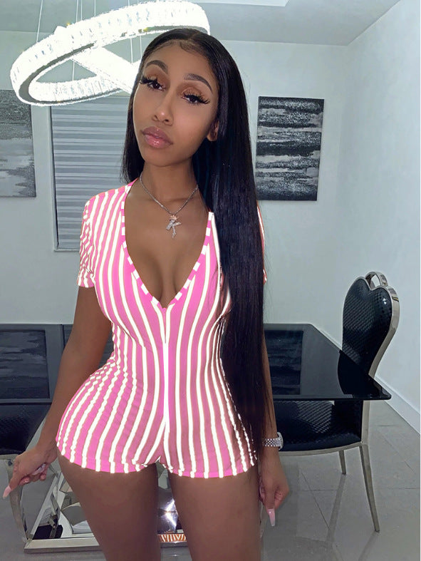 Striped skinny shorts zipper jumpsuit