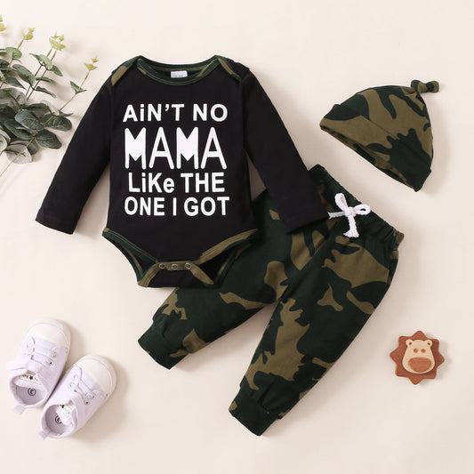 Spring And Autumn Boys' MAMA Letter Printing Long-sleeve Jumpsuit Three-piece Set