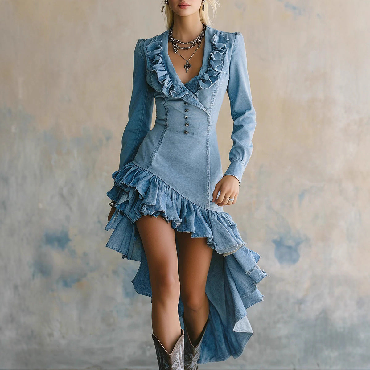 Ruffled No-wash Denim Fabric Dress