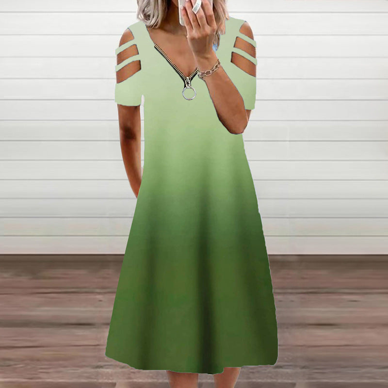 Short Sleeve Zipper V-neck Dress