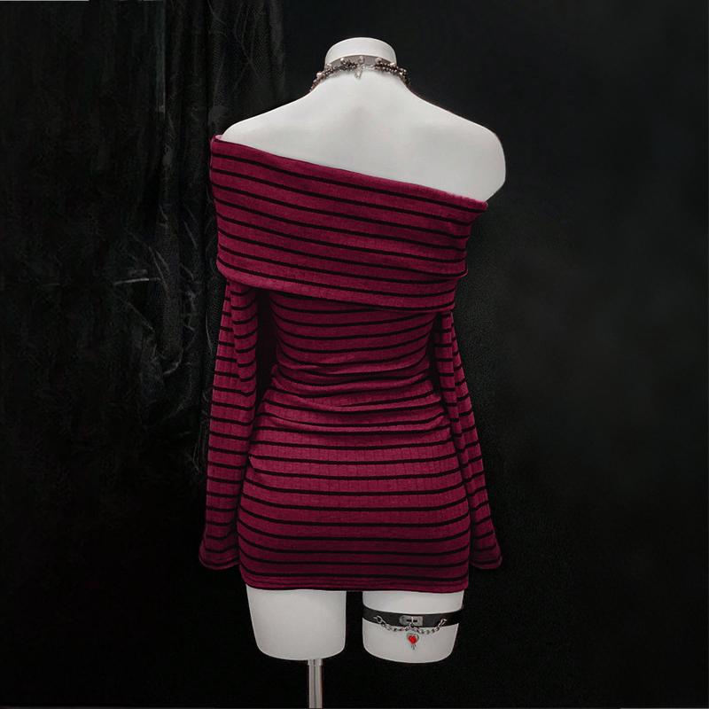 Women's Striped Off-Shoulder Bodycon Dress, Long Sleeve Sexy Mini Dress
