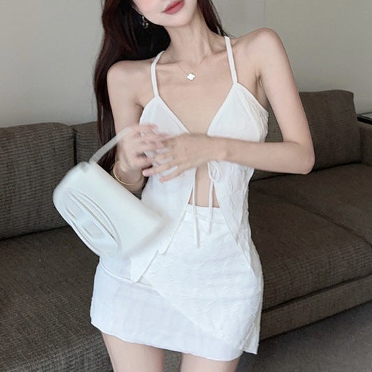 Ruffled Strap Sling Irregular High Waist Skirt Suit Women