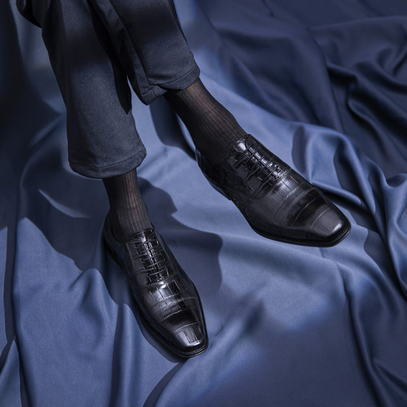 Formal Business First Layer Cowhide Hand Colored Embossed Men's Shoes