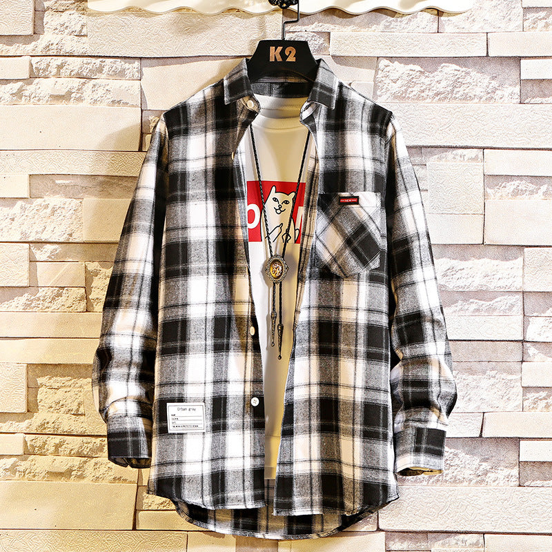 Men's Loose Plaid Long-sleeved Shirt Casual Shirt