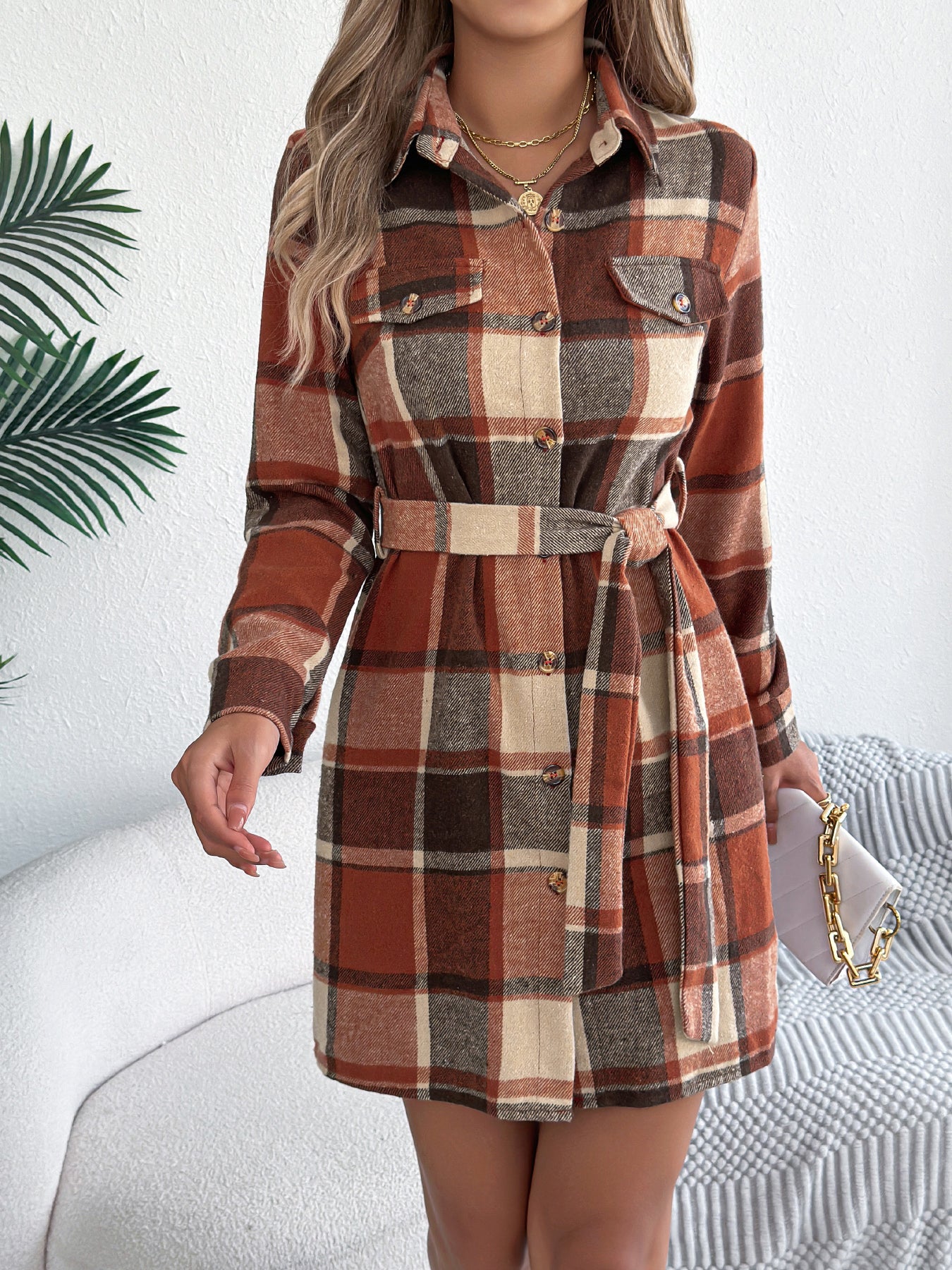 Women's Casual Color-Blocked Plaid Fake Pocket Long Sleeve Tie-Waist Tweed Shirt Dress