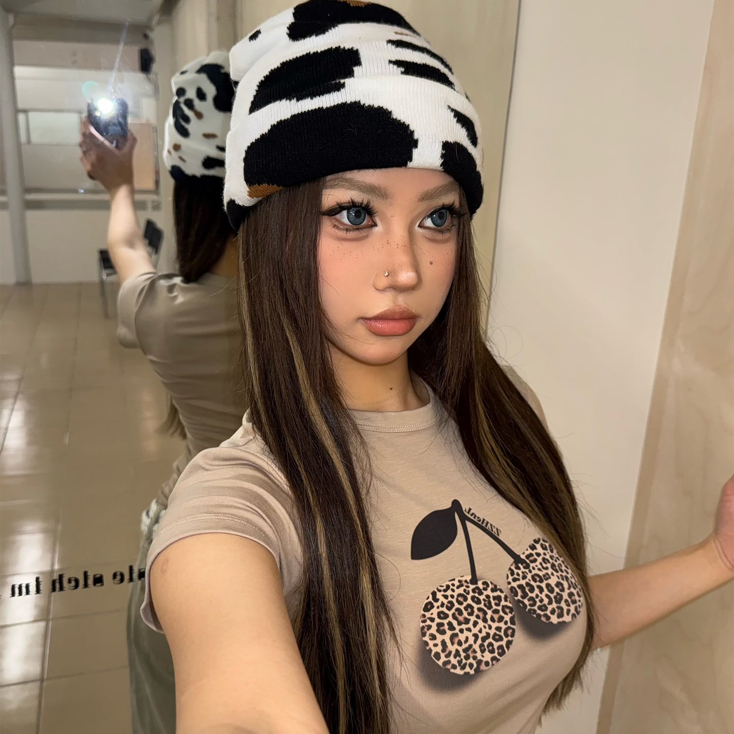 Female Leopard Print Cherry Camouflage Print Casual Short Sleeved Shirt