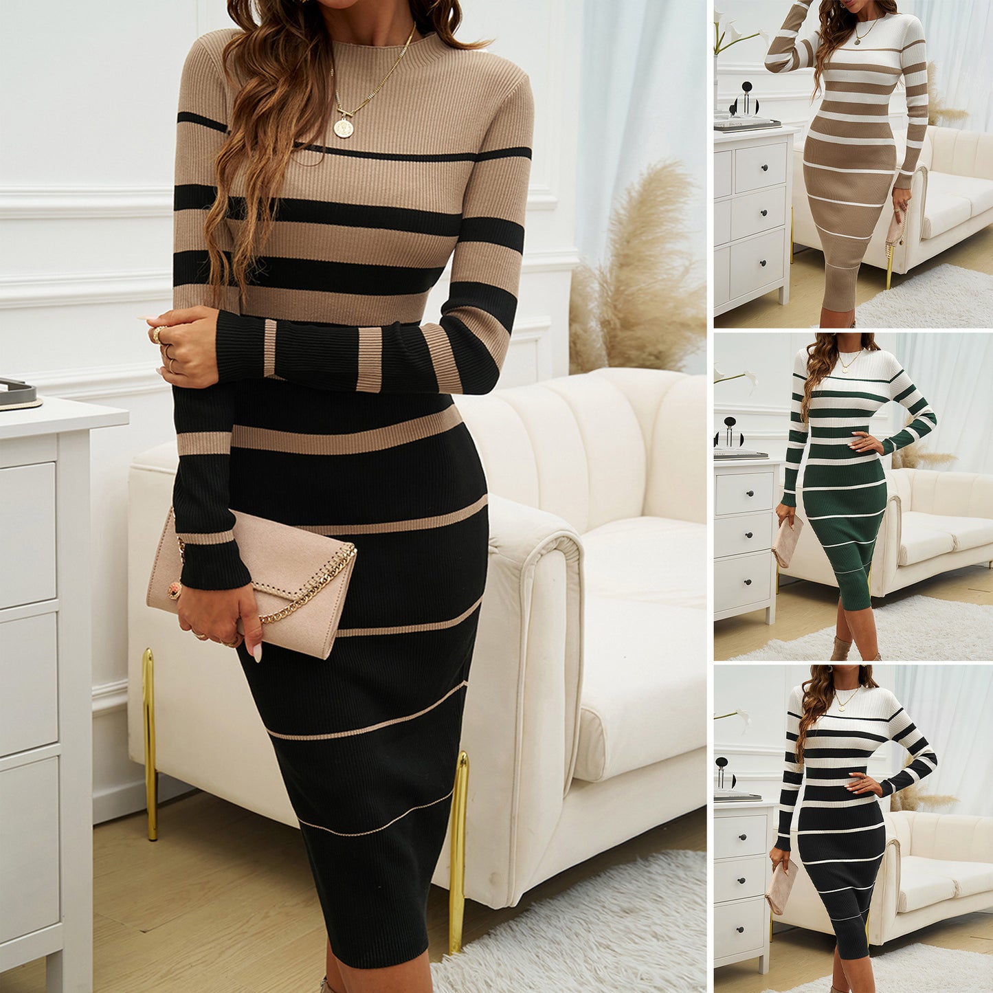 European And American Autumn And Winter Temperament Slim-fit Contrast Colors Long Sleeve Dress