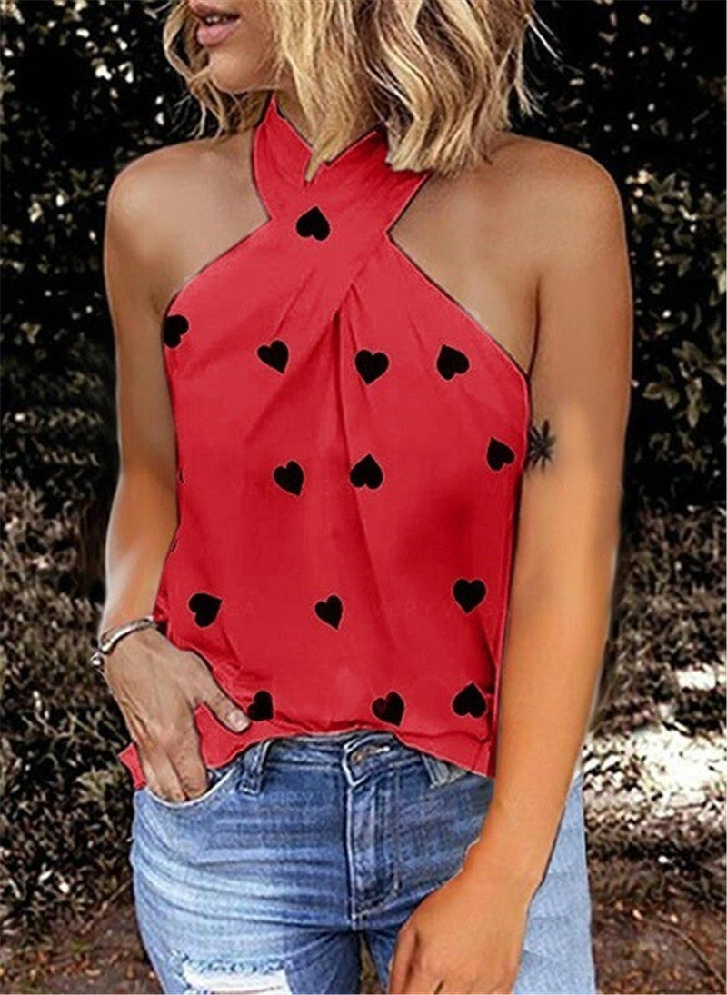 Casual Slim Back Zipper Halter Print Sleeveless Splicing Top